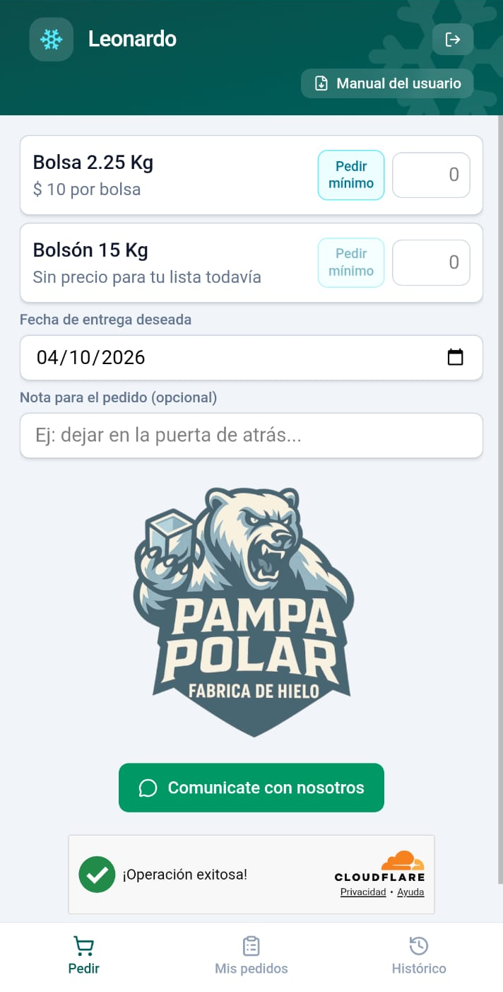 Pantalla de pedidos de la app de clientes de Pampa Polar